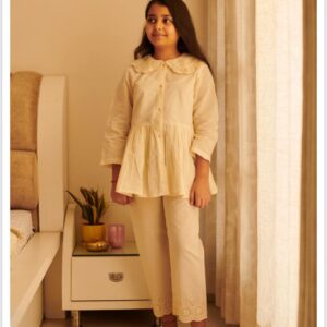 Girls Cotton Night Suit – Cream Peplum Top with Pajama