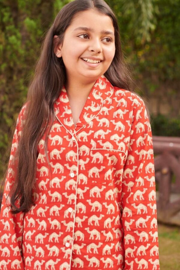 Kids Cotton Night Suit – Camel Print Shirt & Pajama